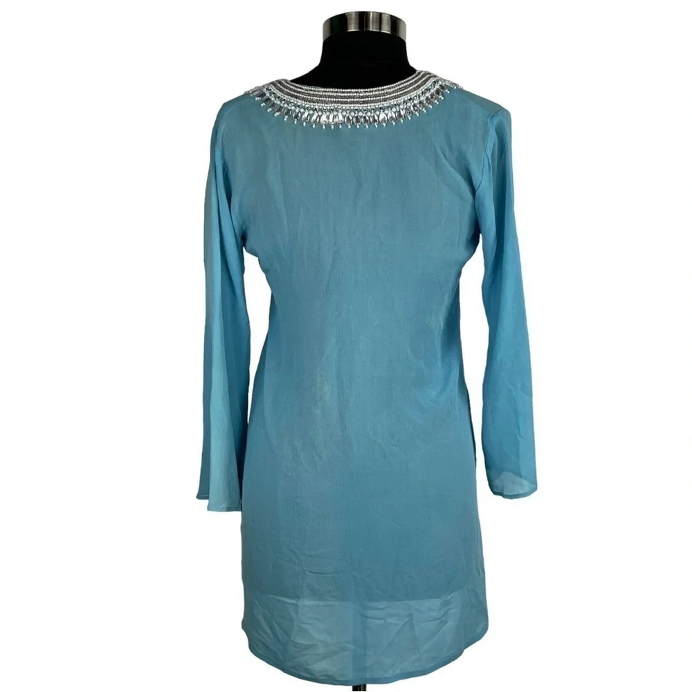TAJ BY SABRINA CRIPPA SHEER BEADED SILK V-NECK TUNIC SWIM COVER UP - Picture 3 of 14
